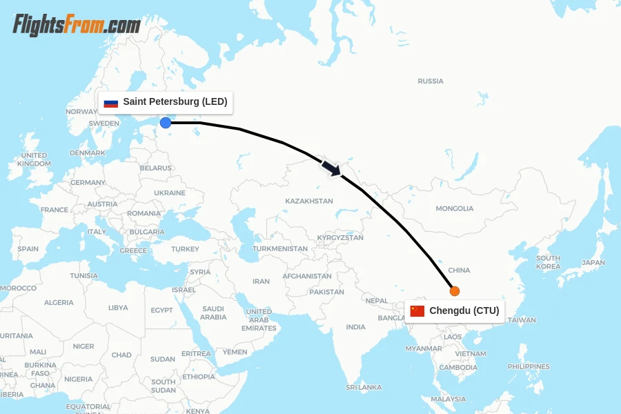 Flights from Saint Petersburg to Chengdu route map