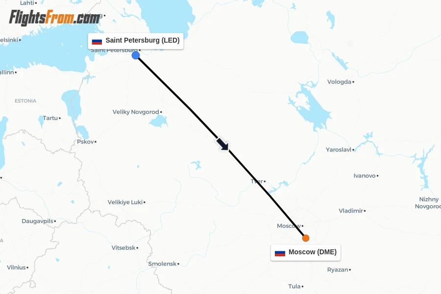 Flights from Saint Petersburg to Moscow route map
