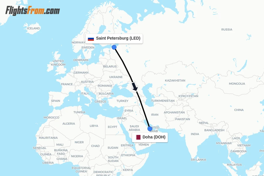Flights from Saint Petersburg to Doha route map
