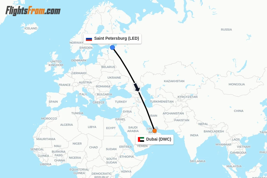 Flights from Saint Petersburg to Dubai route map