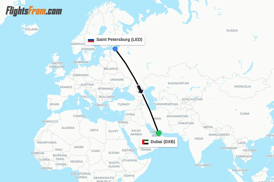 Flights from Saint Petersburg to Dubai route map