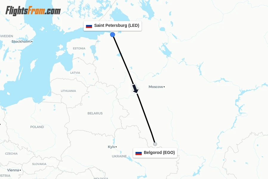 Flights from Saint Petersburg to Belgorod route map