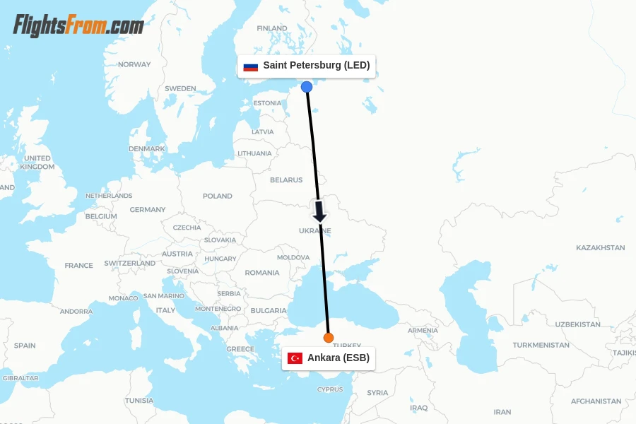 Flights from Saint Petersburg to Ankara route map