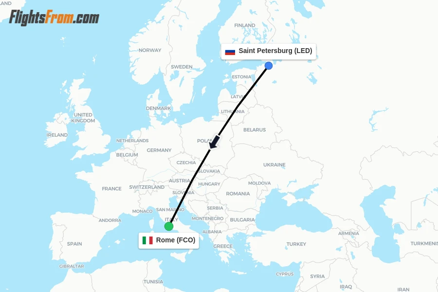 Flights from Saint Petersburg to Rome route map
