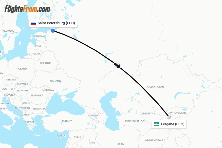 Flights from Saint Petersburg to Fergana route map
