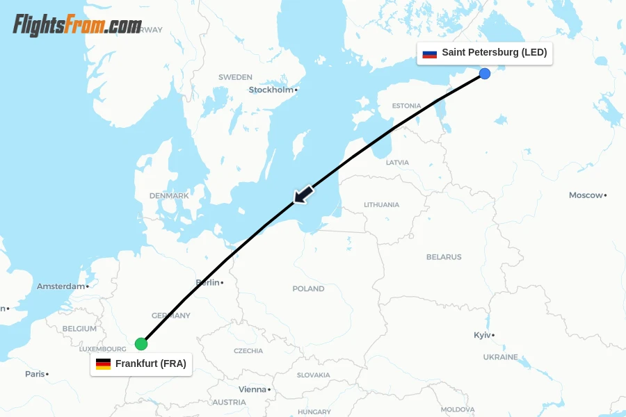 Flights from Saint Petersburg to Frankfurt route map