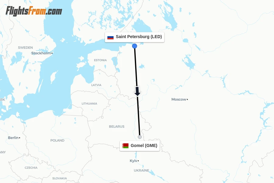 Flights from Saint Petersburg to Gomel route map