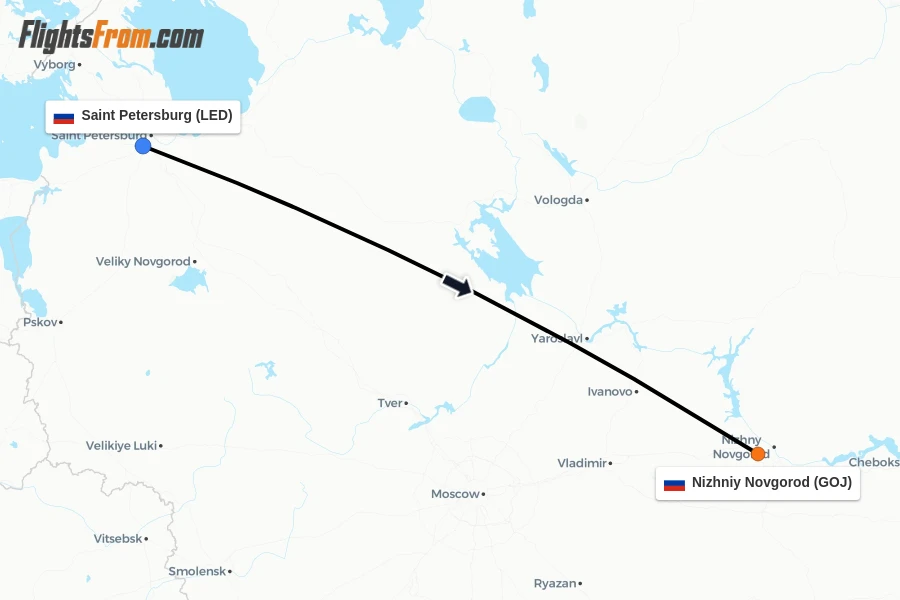 Flights from Saint Petersburg to Nizhniy Novgorod route map