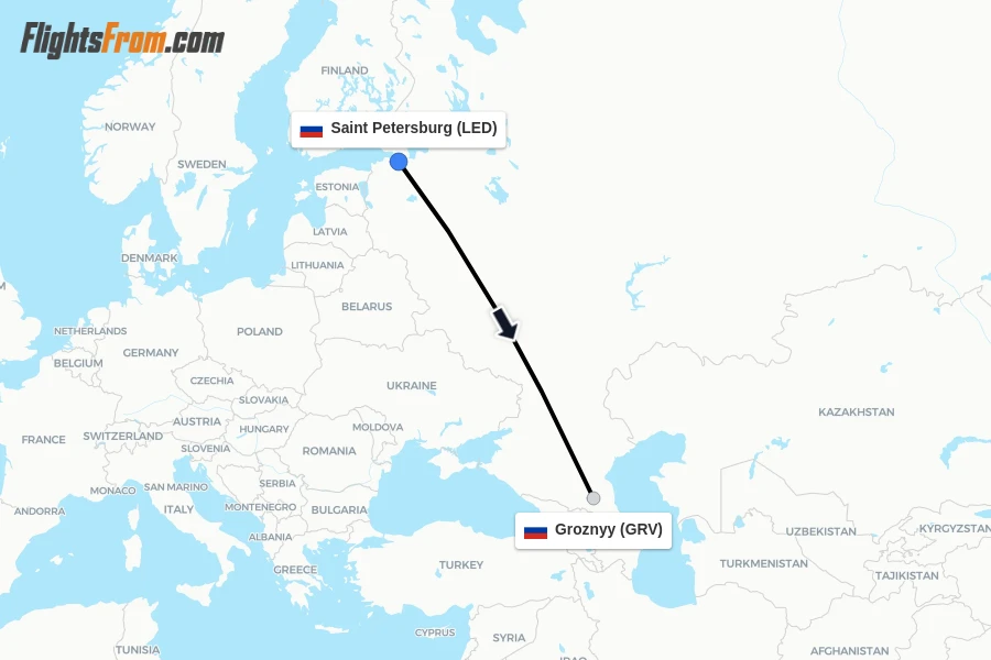 Flights from Saint Petersburg to Groznyy route map
