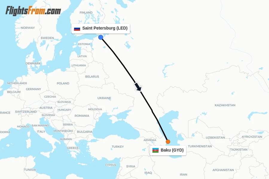 Flights from Saint Petersburg to Baku route map