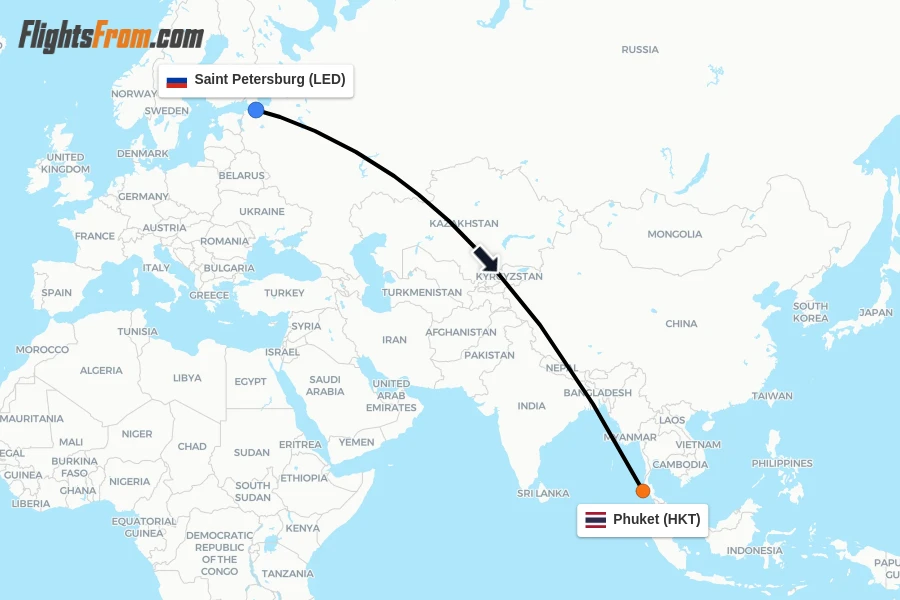 Flights from Saint Petersburg to Phuket route map