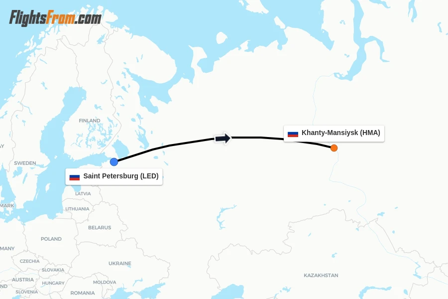 Flights from Saint Petersburg to Khanty-Mansiysk route map