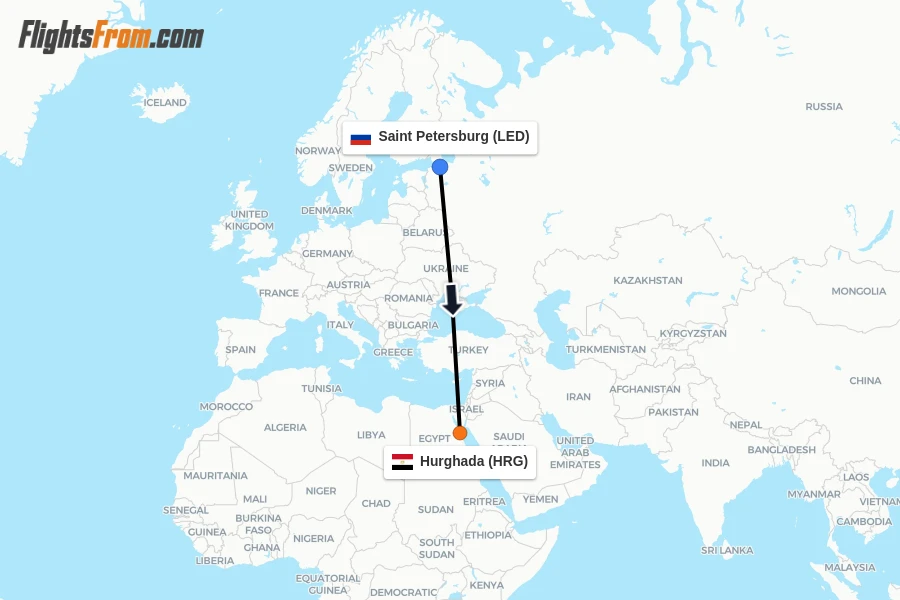 Flights from Saint Petersburg to Hurghada route map
