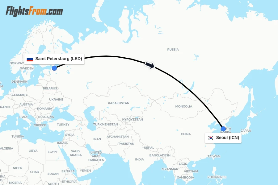 Flights from Saint Petersburg to Seoul route map