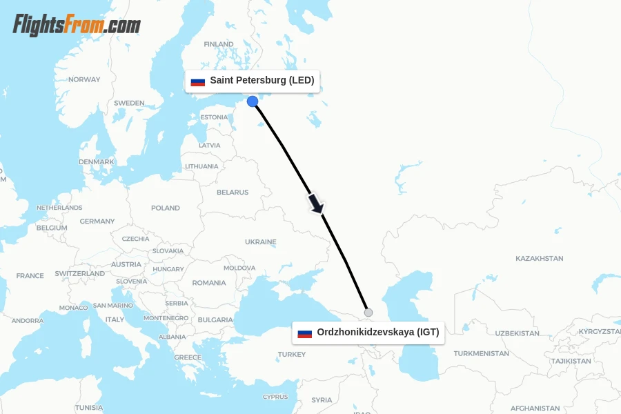 Flights from Saint Petersburg to Ordzhonikidzevskaya route map