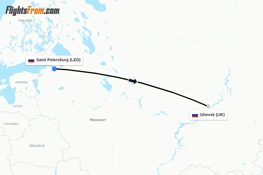 Flights from Saint Petersburg to Izhevsk route map