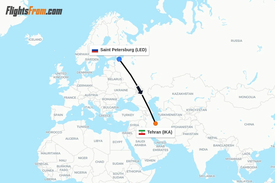 Flights from Saint Petersburg to Tehran route map