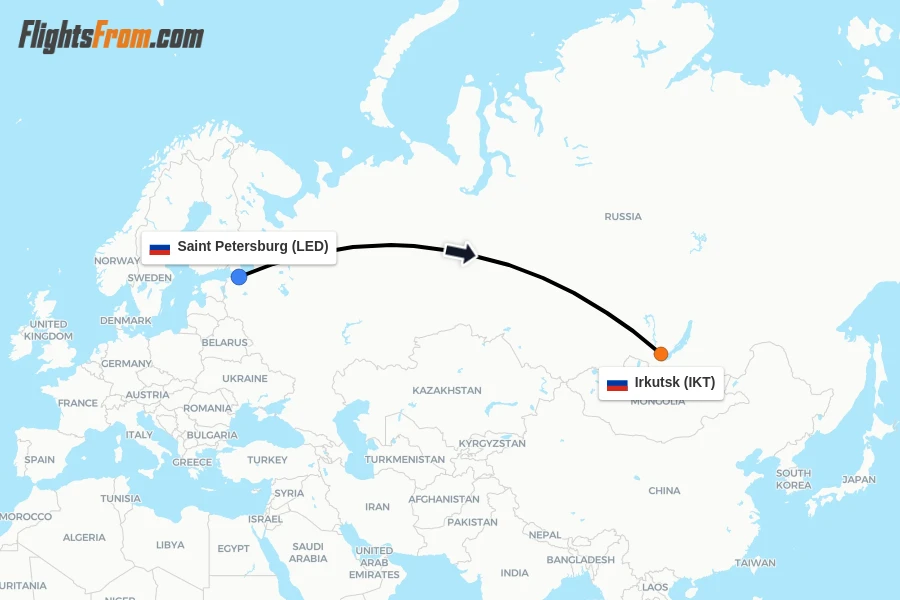 Flights from Saint Petersburg to Irkutsk route map
