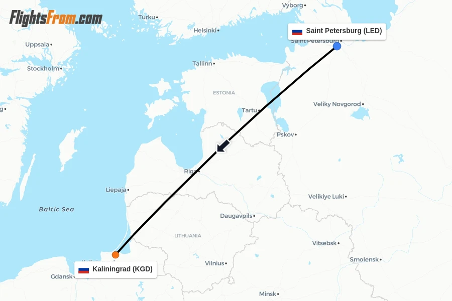 Flights from Saint Petersburg to Kaliningrad route map