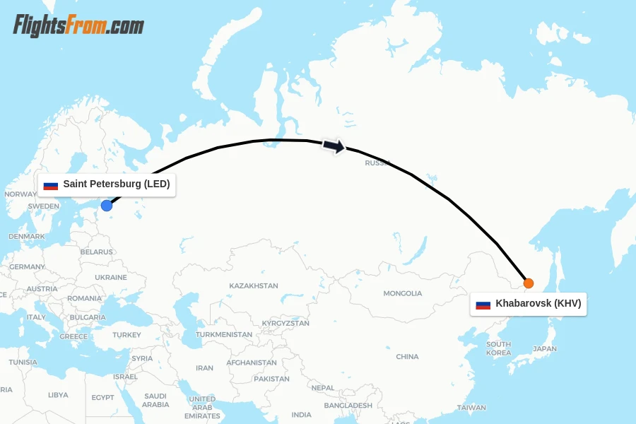 Flights from Saint Petersburg to Khabarovsk route map