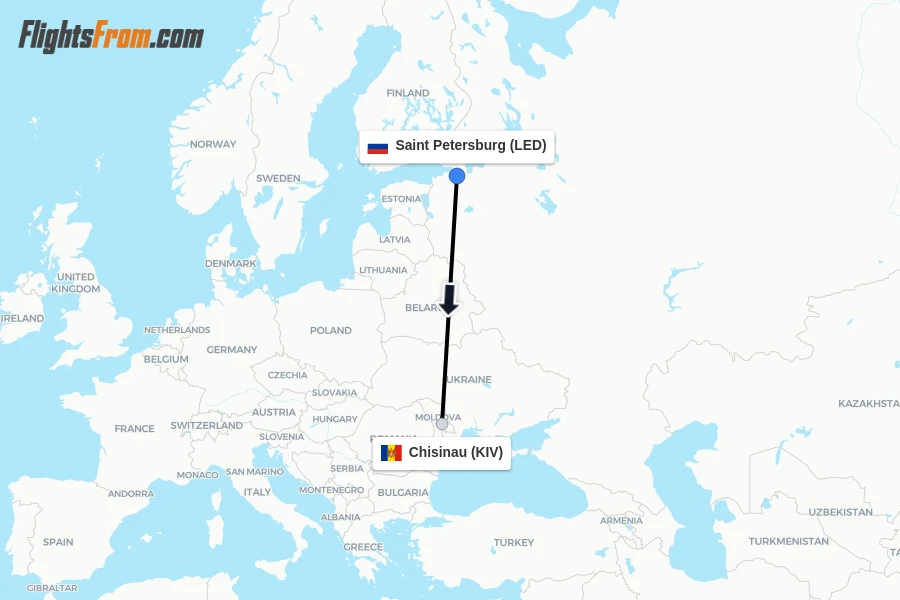 Flights from Saint Petersburg to Chisinau route map