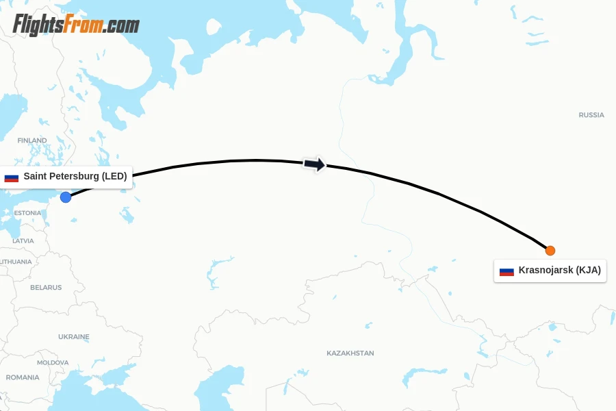 Flights from Saint Petersburg to Krasnojarsk route map