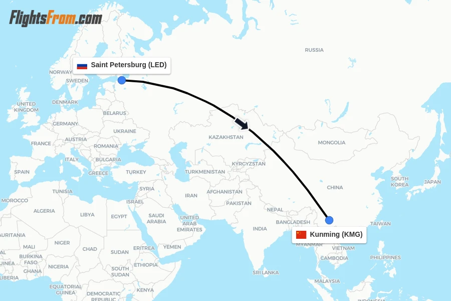 Flights from Saint Petersburg to Kunming route map