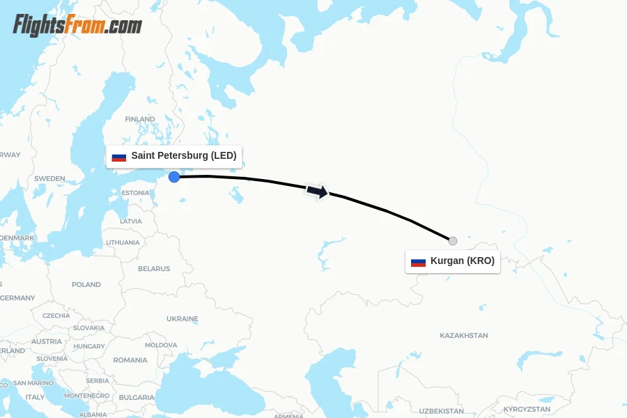 Flights from Saint Petersburg to Kurgan route map