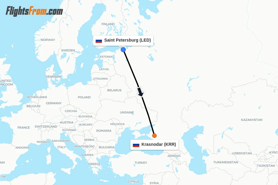 Flights from Saint Petersburg to Krasnodar route map