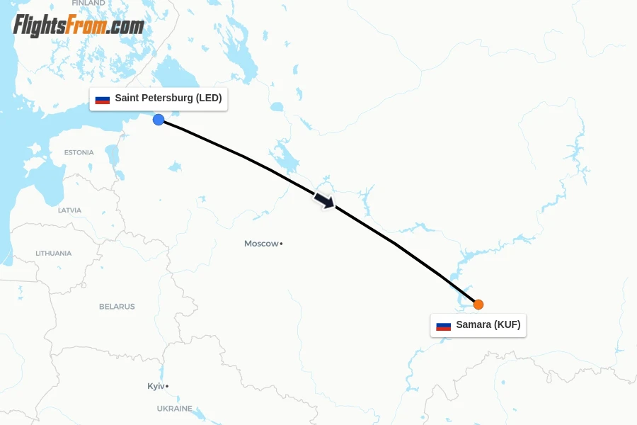 Flights from Saint Petersburg to Samara route map