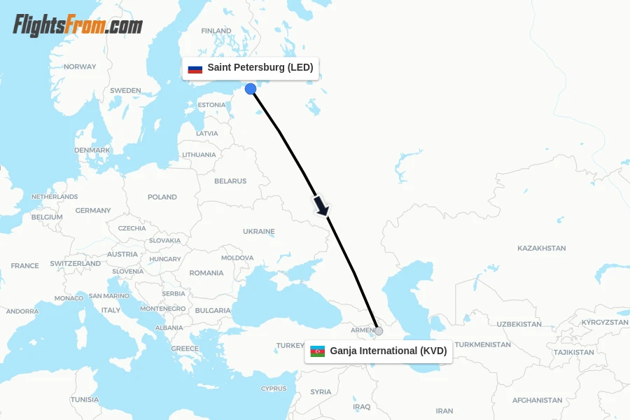 Flights from Saint Petersburg to Ganja International route map