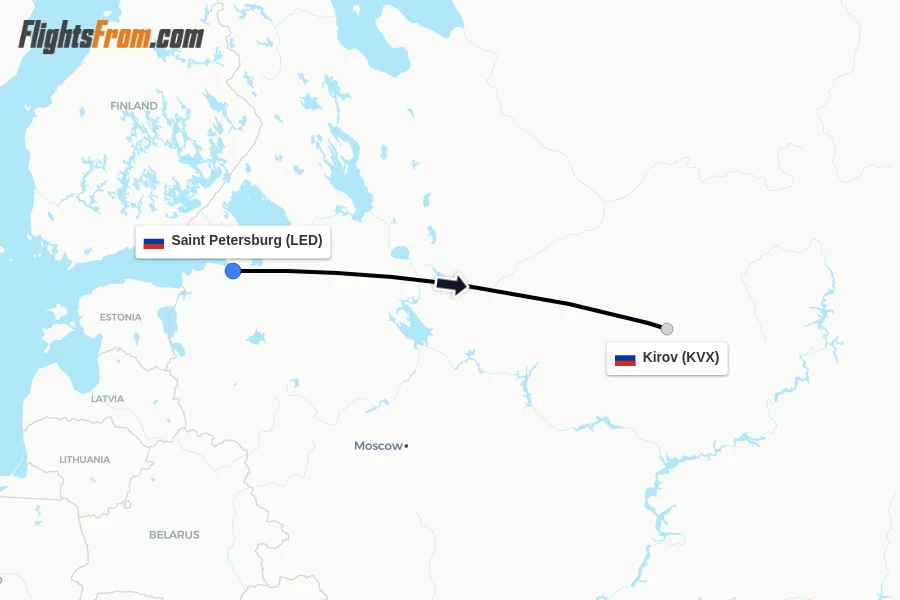 Flights from Saint Petersburg to Kirov route map