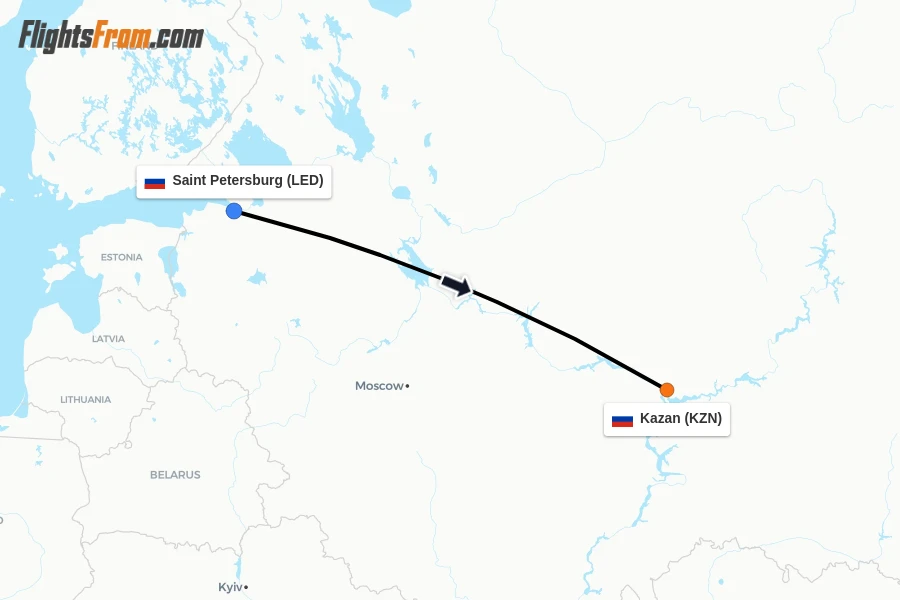 Flights from Saint Petersburg to Kazan route map