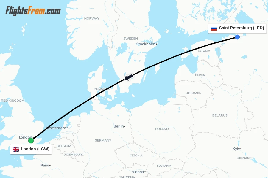 Flights from Saint Petersburg to London route map