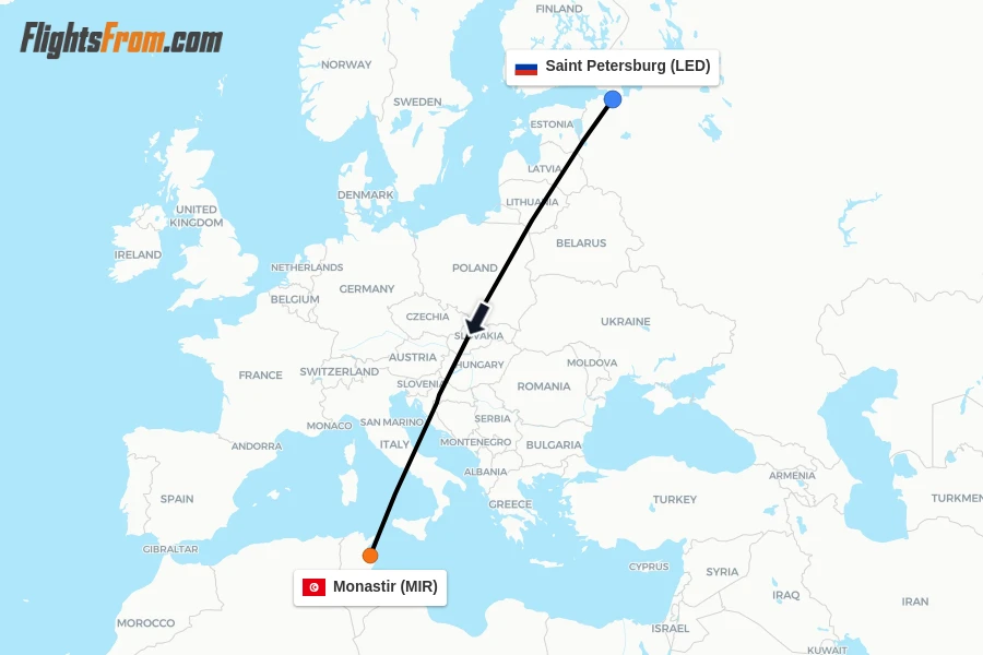 Flights from Saint Petersburg to Monastir route map