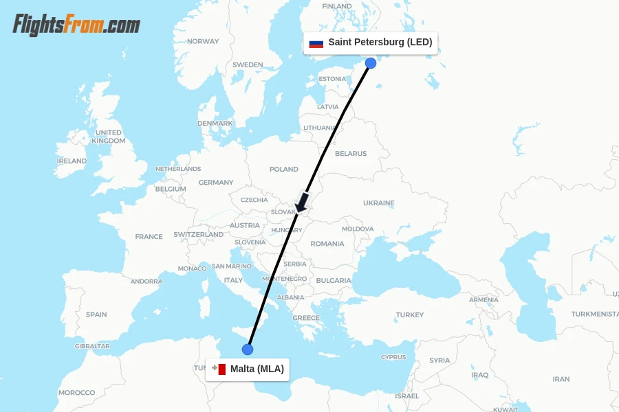 Flights from Saint Petersburg to Malta route map