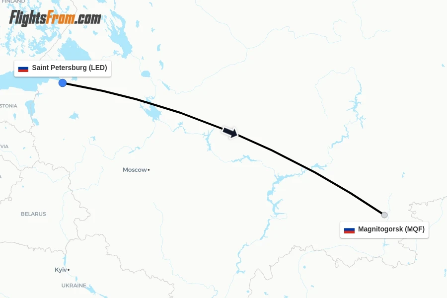 Flights from Saint Petersburg to Magnitogorsk route map