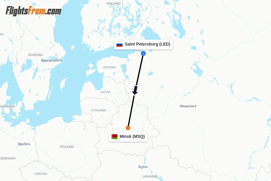 Flights from Saint Petersburg to Minsk route map