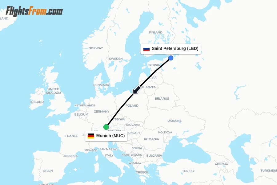 Flights from Saint Petersburg to Munich route map