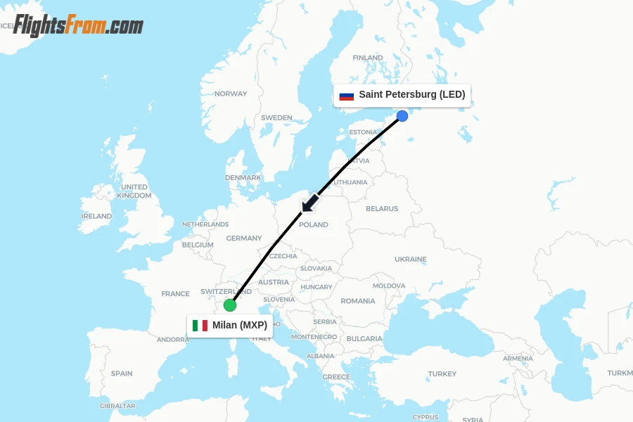 Flights from Saint Petersburg to Milan route map