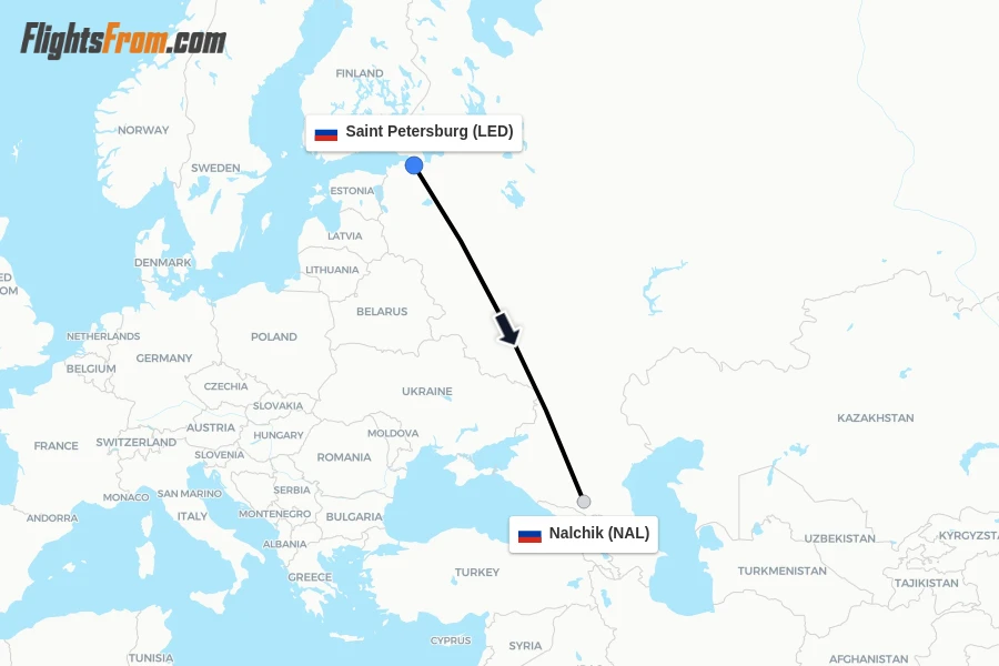 Flights from Saint Petersburg to Nalchik route map