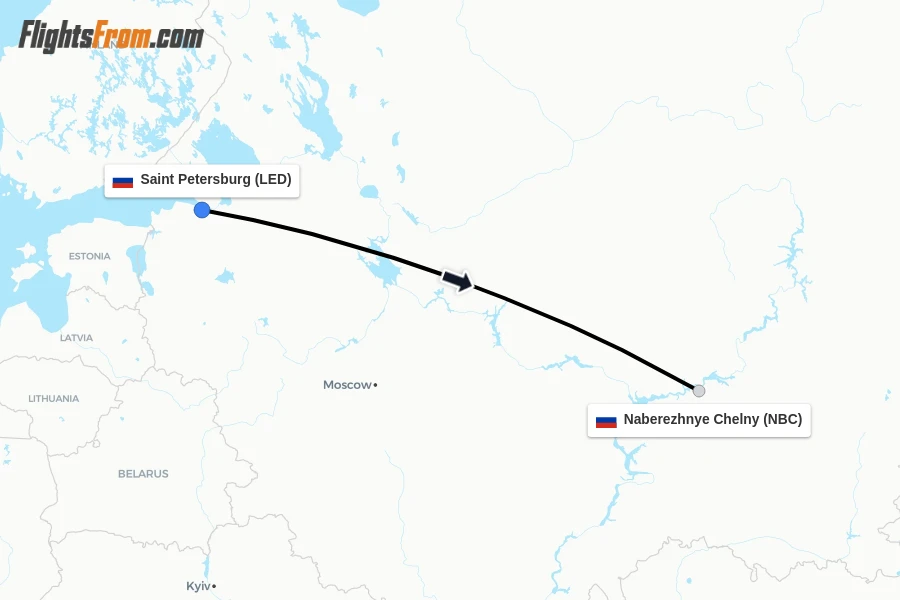 Flights from Saint Petersburg to Naberezhnye Chelny route map