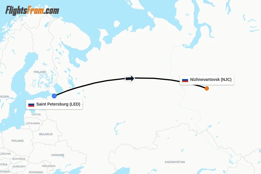 Flights from Saint Petersburg to Nizhnevartovsk route map