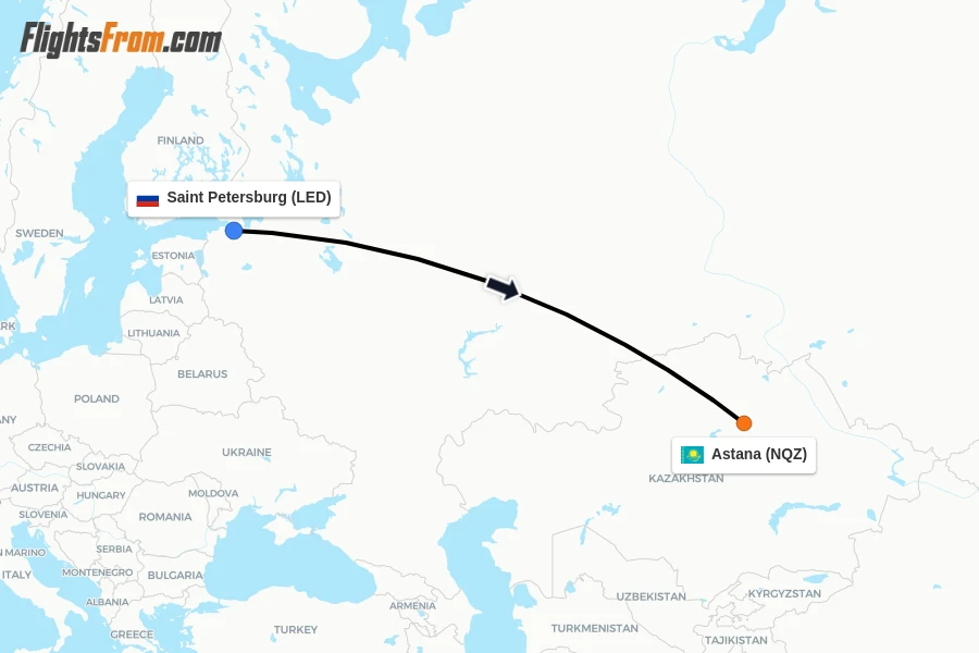 Flights from Saint Petersburg to Astana route map