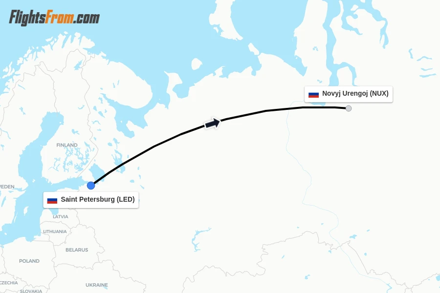 Flights from Saint Petersburg to Novyj Urengoj route map