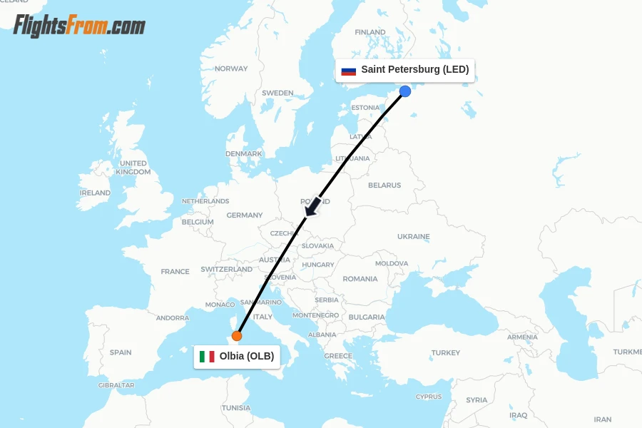Flights from Saint Petersburg to Olbia route map