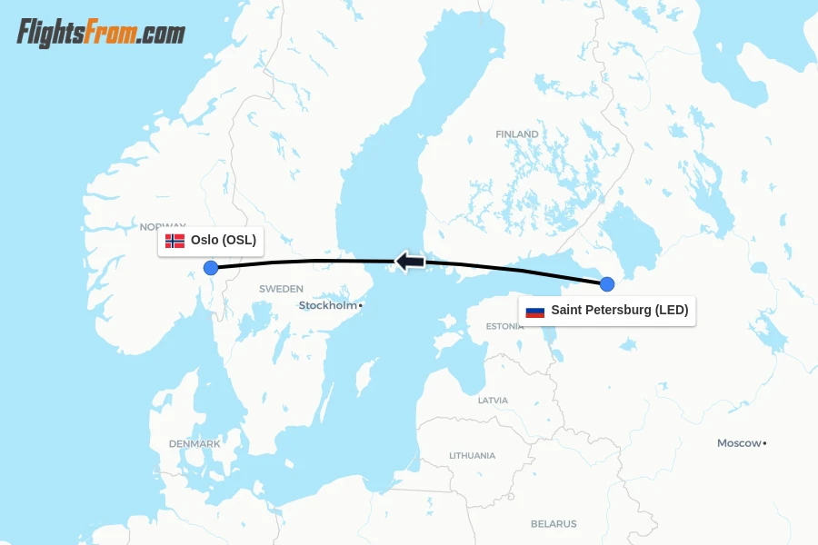 Flights from Saint Petersburg to Oslo route map
