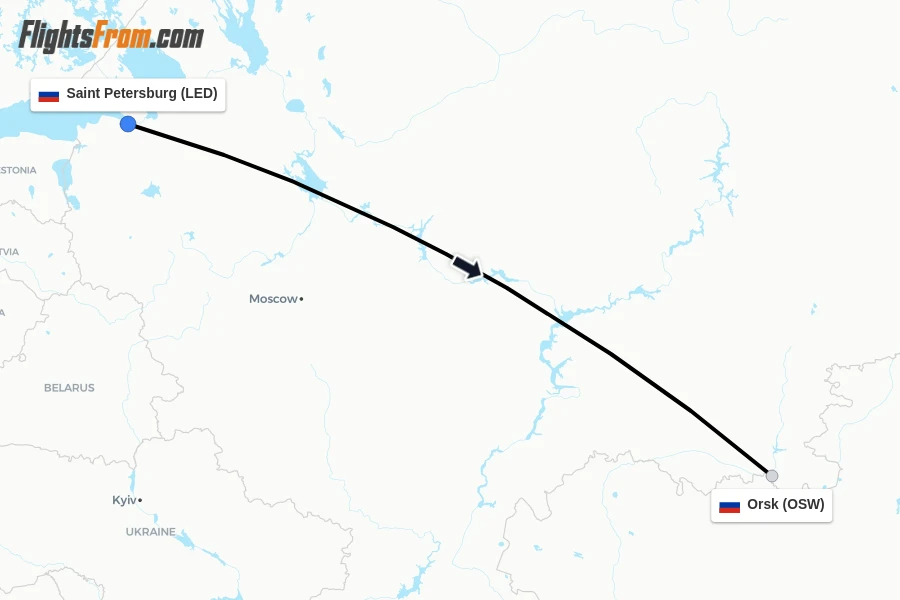 Flights from Saint Petersburg to Orsk route map