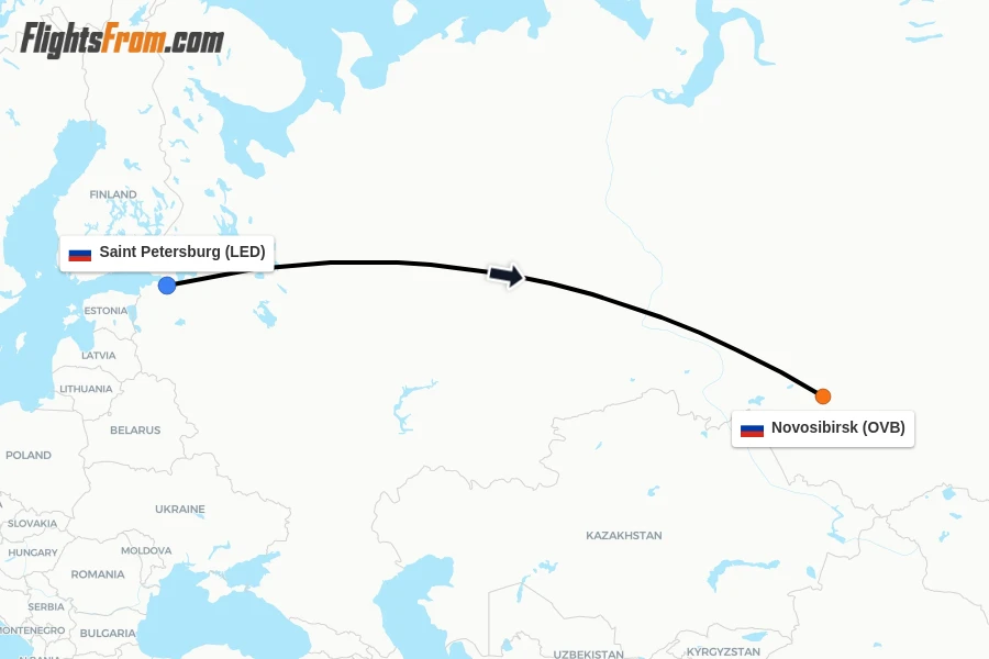 Flights from Saint Petersburg to Novosibirsk route map