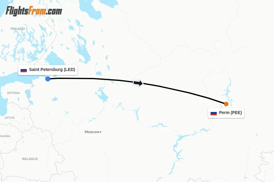 Flights from Saint Petersburg to Perm route map
